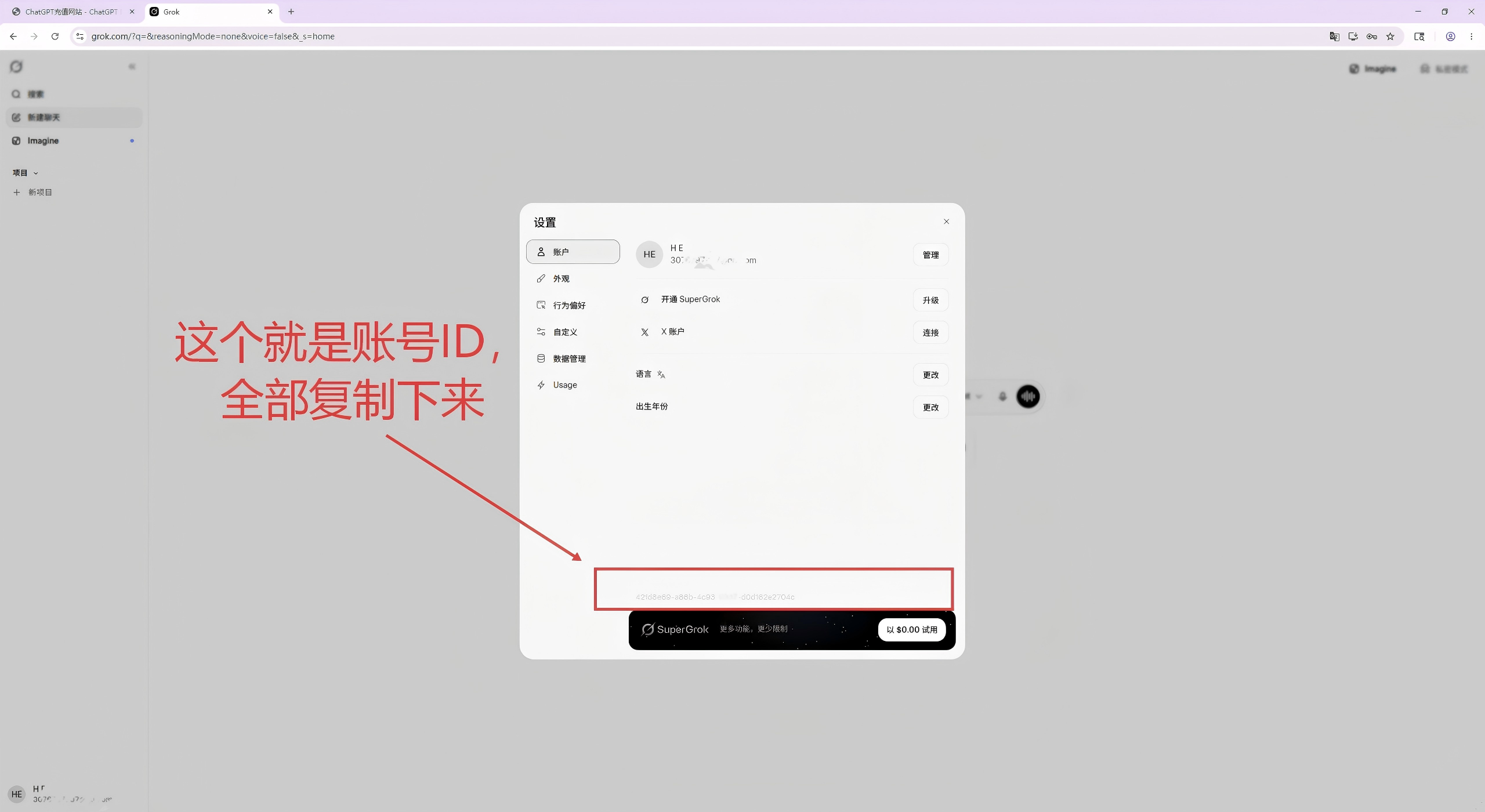 在设置页底部找到账号 ID 并复制